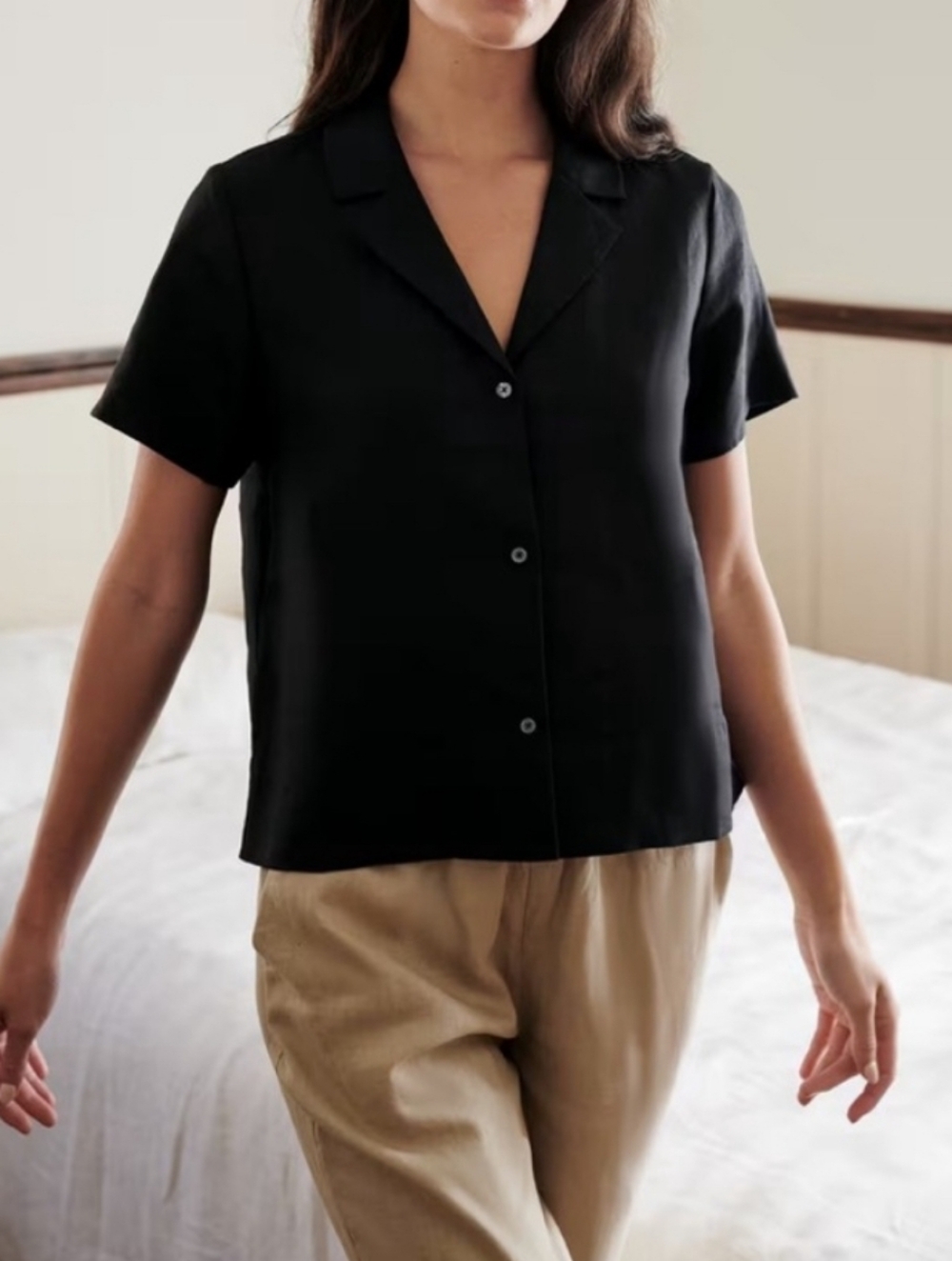 QUINCE European Linen 100% Short Sleeve Boxy Minimalist Button Shirt - Black New